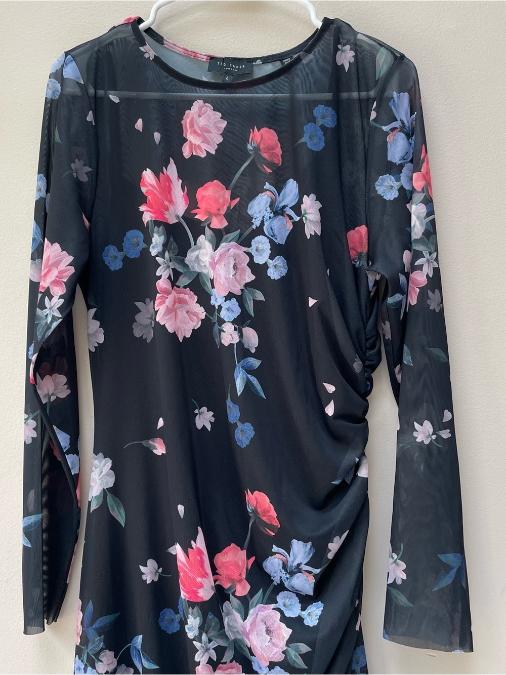 Ted Baker Black Floral Printed Mesh Column Dress Ruched Side Maxi Size L - Picture 4 of 11